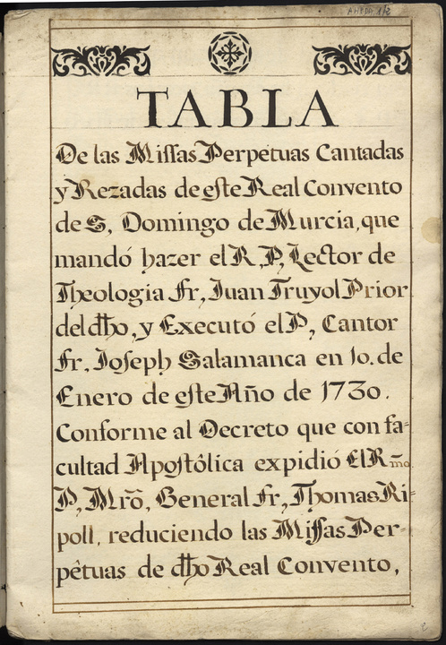 Portada de la Tabla de misas perpetuas cantadas y rezadas del Convento de Santo Domingo el Real de Murcia (1730, enero, 10)
