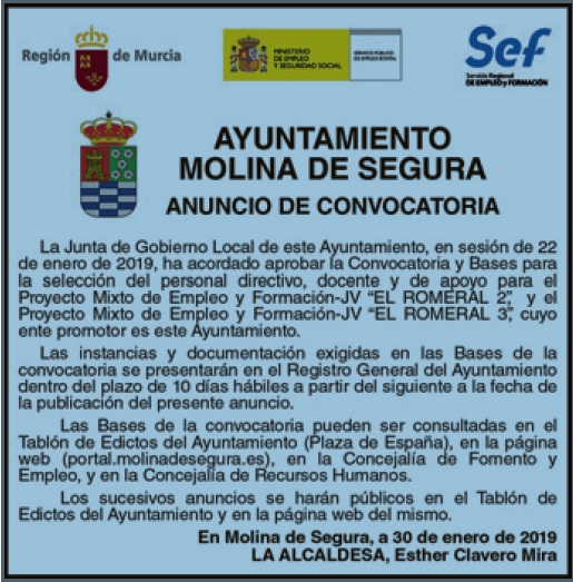 Anuncio Prensa convocatoria y bases Programa mixto de empleo y formaci&oacute;n (PMEF) Ayto Molina de Segura 2019